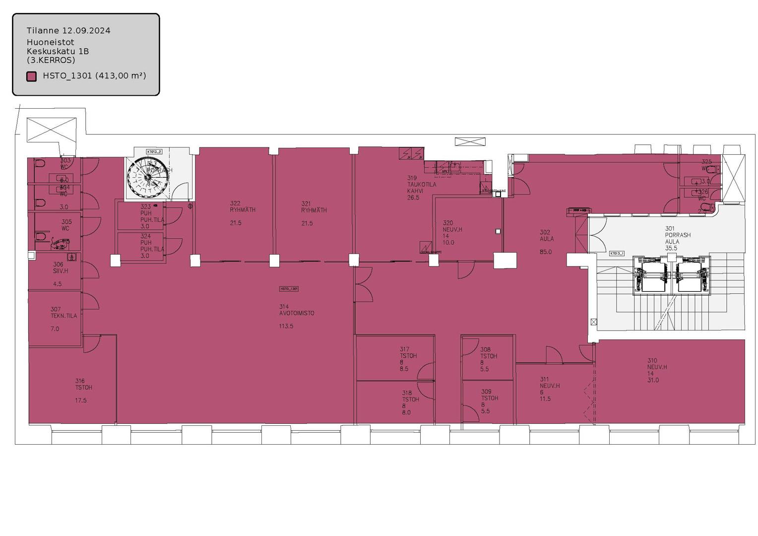 Keskuskatu 1 B, 412m2, 3. kerros, Toimistotila